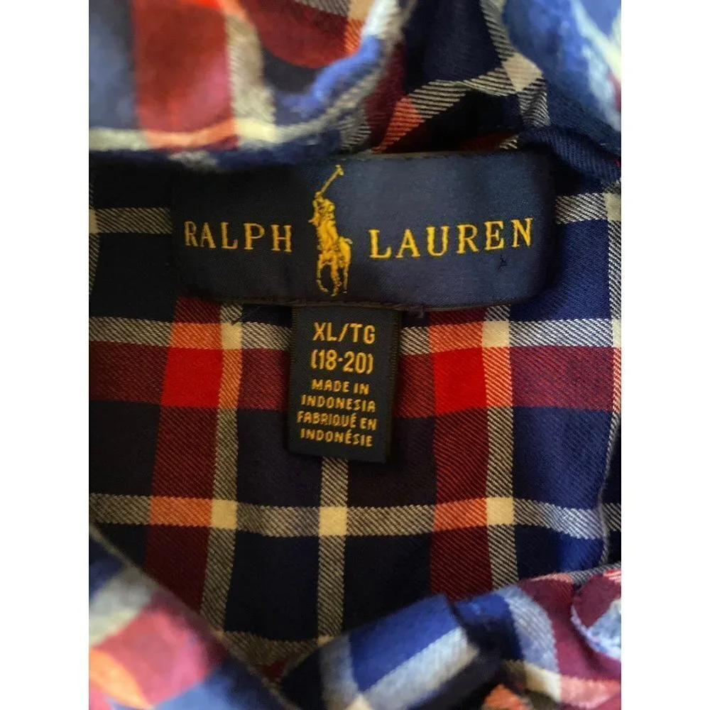 Ralph Lauren Boys XL Red‎ Blue Plaid Button Down Long Sleeve Shirt 18-20
